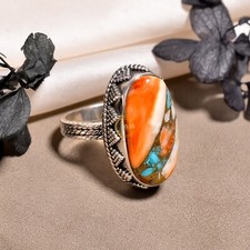 Orange Spiny Oyster Turquoise Ring 925 Sterling Silver Statement Rings Jewelry