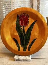 Vintage Wooden Hand Painted Tulip Plate Wall Decor 10.25" Satin Matte Finish