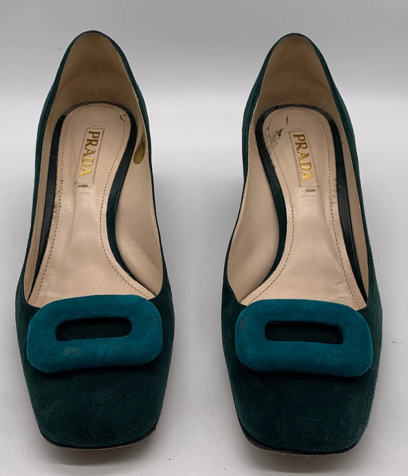 Zapatos de salón Prada para mujer verde azulado bloque de color gamuza punta cuadrada tacón bloque talla 40,5 10,5 Foto 2 de 4