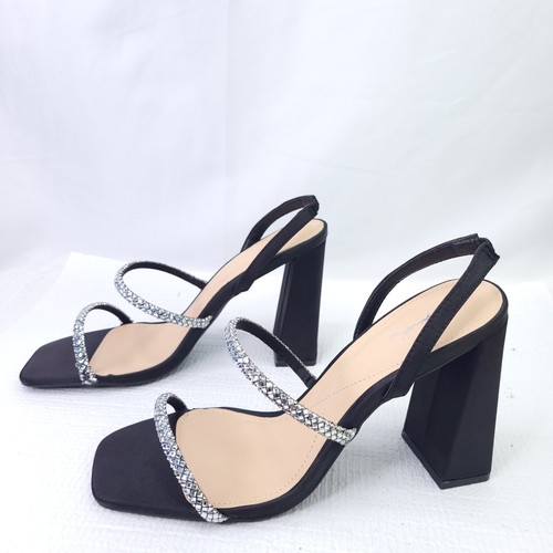 NEW Qupid Kancy 4" Tall Block Heels Rhinestone Straps Black Satin Shoes Size 10 - Picture 4 of 11