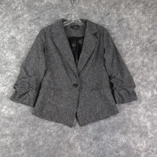Twenty One Blazer Womens Medium Gray Single Button Lined Ruched Sleeves Career
