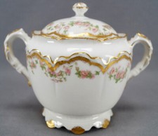 Haviland Limoges Schleiger 270 Pink Rose Swags Double Gold Sugar Bowl