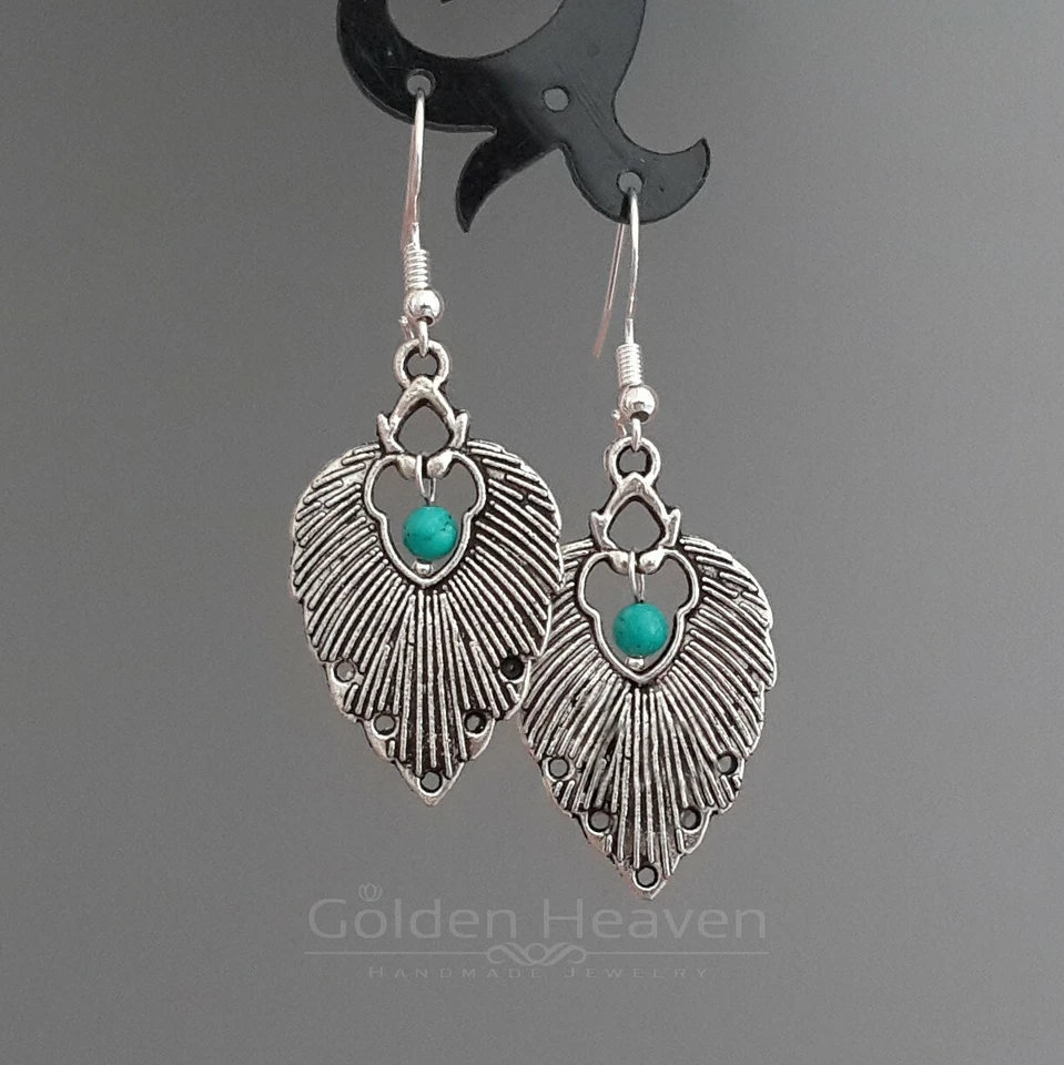 Pendientes Grandes Hoja Plata Piedra Turquesa 925 Ganchos de Ley y Plata Tibetana Foto 3 de 4