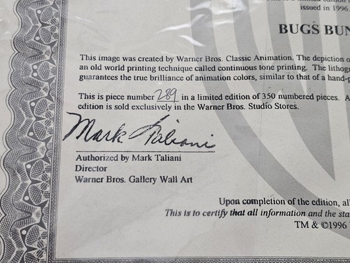 Warner Bros. 1996 Lightgrahic-Bugs Bunny-With Cert. of Authencity & Numbered - Picture 7 of 10