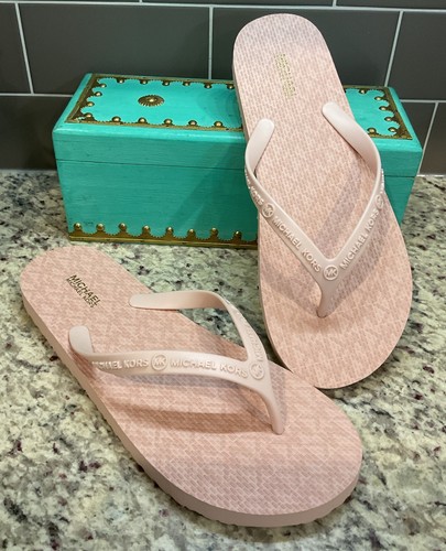 MICHAEL KORS WOMEN Sz 8 M PINK STRAPS/MK LOGO FOOTBED- FLIP FLOPS MSRP$45 NEW - Picture 1 of 6