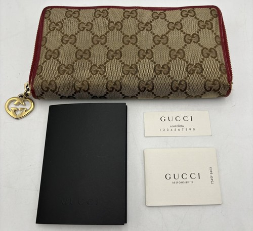 Authentic GUCCI Signature Zipper Long Wallet Beige Brown Red Canvas Leather