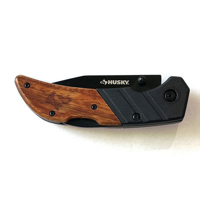 Husky Folding Pocket Utility Knife Box Cutter with Wood Handle and Clip 7.5''