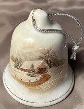Vintage Hand Painted Bell Ceramic Winter Scene Covered Bridge Signed 3 X 2.5
