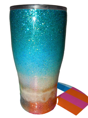 30 ounce Yeti stainless vacuum tumbler with beautiful sparkly beach scene