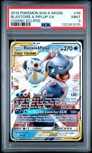 2019 POKEMON SUN & MOON COSMIC ECLIPSE #38 BLASTOISE & PIPLUP GX PSA 9