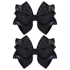 2pc Glitter Black Ribbon Hair Bow Clips 4inch Shiny Alligator Barrettes Pins for