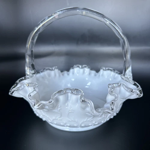 VTG Fenton Clear Glass Handled Ruffled Bowl Basket Crimped Edge Milk Glass