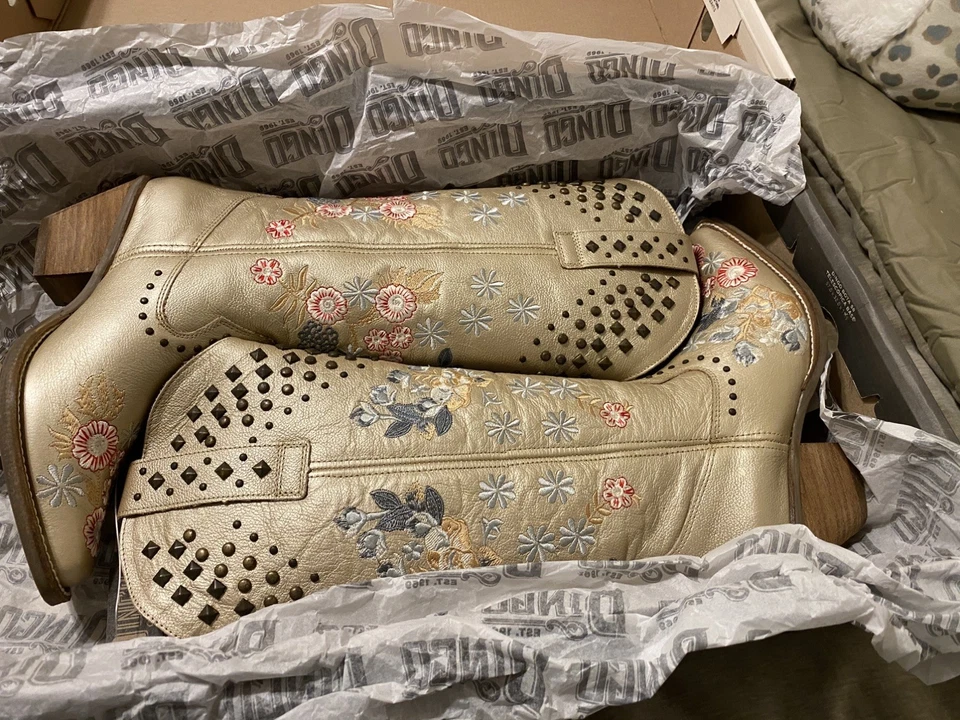 Dingo Poppy Mujer Flor Bordado Tachonado Cuero Vaquera Botas Amapola Dorado  Foto 3 de 4