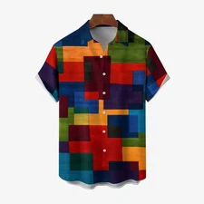 Mens Retro Geometric Print Button Pocket Short Sleeve Shirt 2403000741