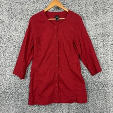 Eileen Fisher Shirt Womens Medium Red Linen Blend Button Front Tunic 3/4 Sleeve