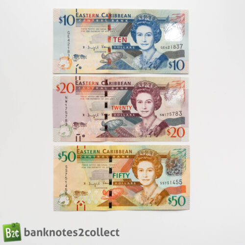 EAST CARIBBEAN: Set of 3 East Caribbean Dollar Banknotes. - Afbeelding 1 van 2