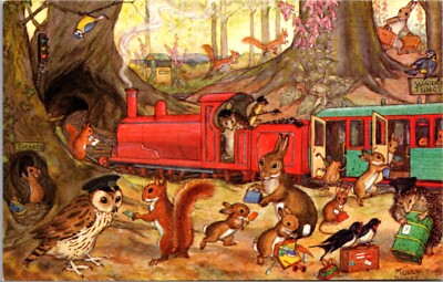 Molly Brett Artwork Postcard Dressed Animals Catching The Train