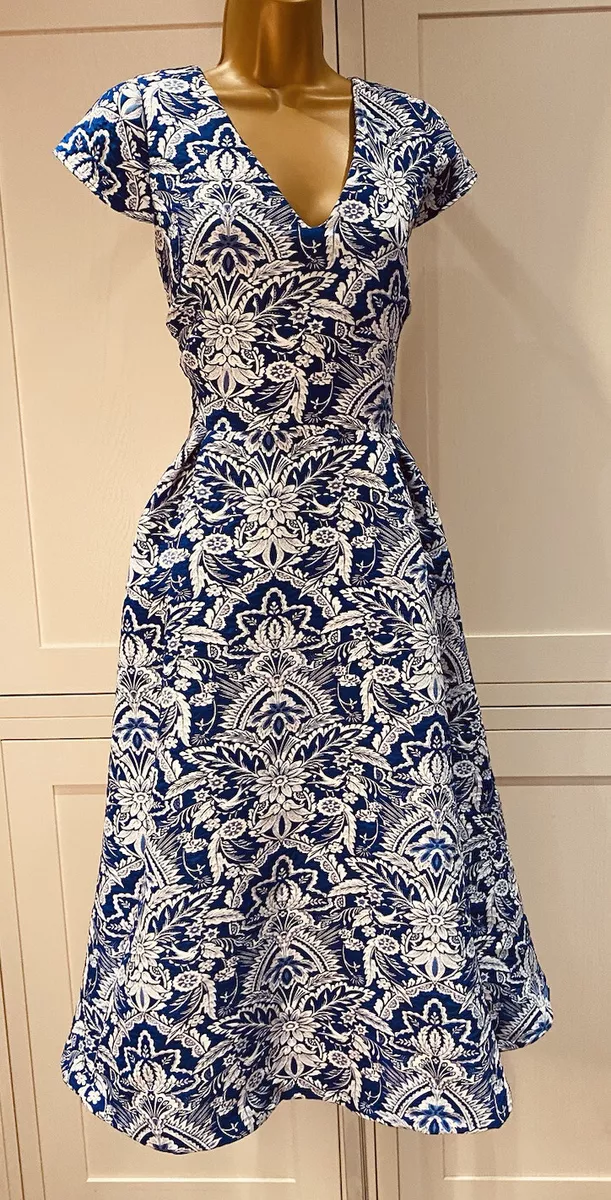 Per Una UK 16 Blue White Fit Flare Midi Cap Sleeve Dress