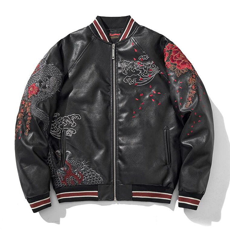 Mens Japanese Pattern Embroidery Dragon Faux Leather Warm Varsity
