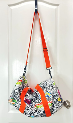 Nickelodeon Universe Duffel Bag Black White Comic Print Neon Orange Handle Strap