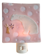 Bear and Bunny Night Light Nursery Decor Pink Dot Ceramic 4" Sq Plug-In