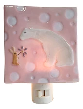 Bear and Bunny Night Light Nursery Decor Pink Dot Ceramic 4" Sq Plug-In