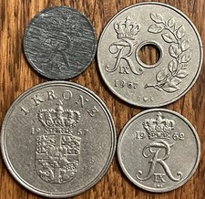 Lot of 4 Denmark Coins, 1, 10, 25 Ore and 1 Krone, 1962-1967