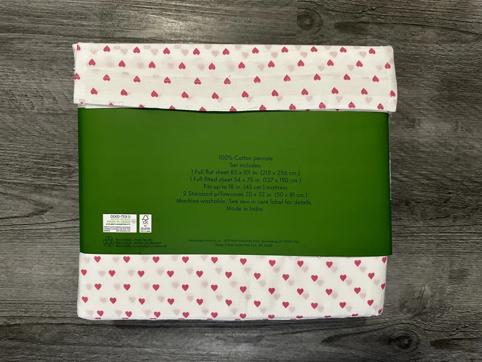 Juego de Sábanas Completo Kate Spade Algodón Percal Corazones ROSA en Blanco Sábanas COMPLETAS NUEVAS CON ETIQUETAS Foto 4 de 4