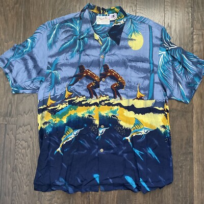 Vtg Thumbs Thums Up Sz XL Hawaiian Camp Shirt Beach Moonlit Surfer Swordfish