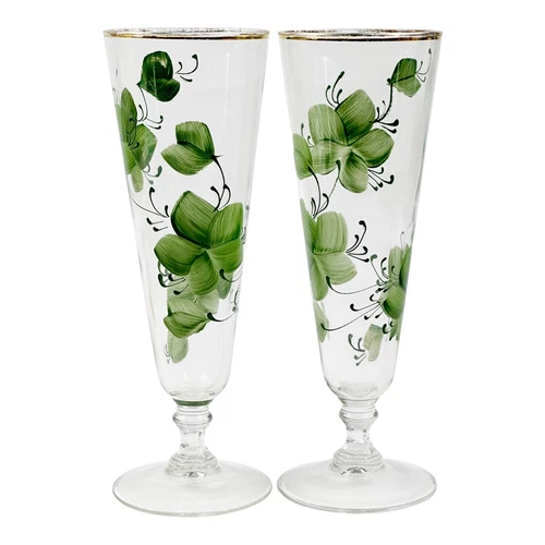 Vtg MCM Federal Glass Hand Painted Green Flowers Leaves Pilsner Glass Gold Rim