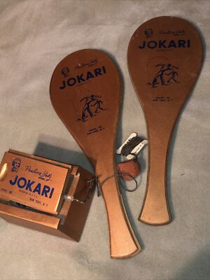 Vtg Pair JOKARI Paddles Box Ball String Set Pauline Betz 1950's Era Copper/10a