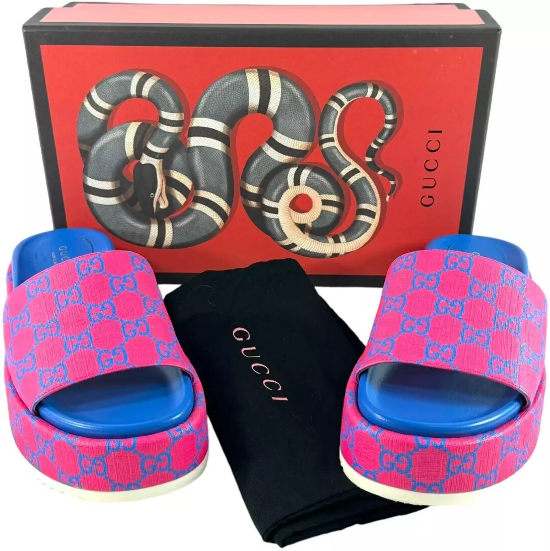 GUCCI 734913 toile rose bleu GG Supreme Joy Angelina Slides 36,5   6,5 États Unis
