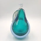 Vintage Barbini Murano Glass Teal Sommerso Pear Bookend w/ Gold Accents In Leaf