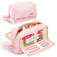 Pink Large Capacity Pencil Case 4 Compartments,Pencil Pouch with Zipper Porta...