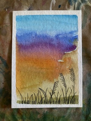 Whimsical Beach Sea Oat Grass Sunset Art Card Painting on Paper ACEO Mini Art