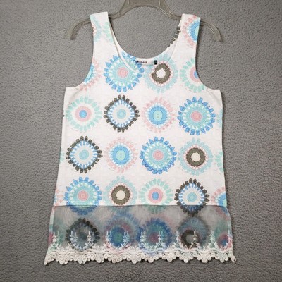 Origami By Vivien Tunic Top Womens M White Granny Square Stamped Lace Hem Tank