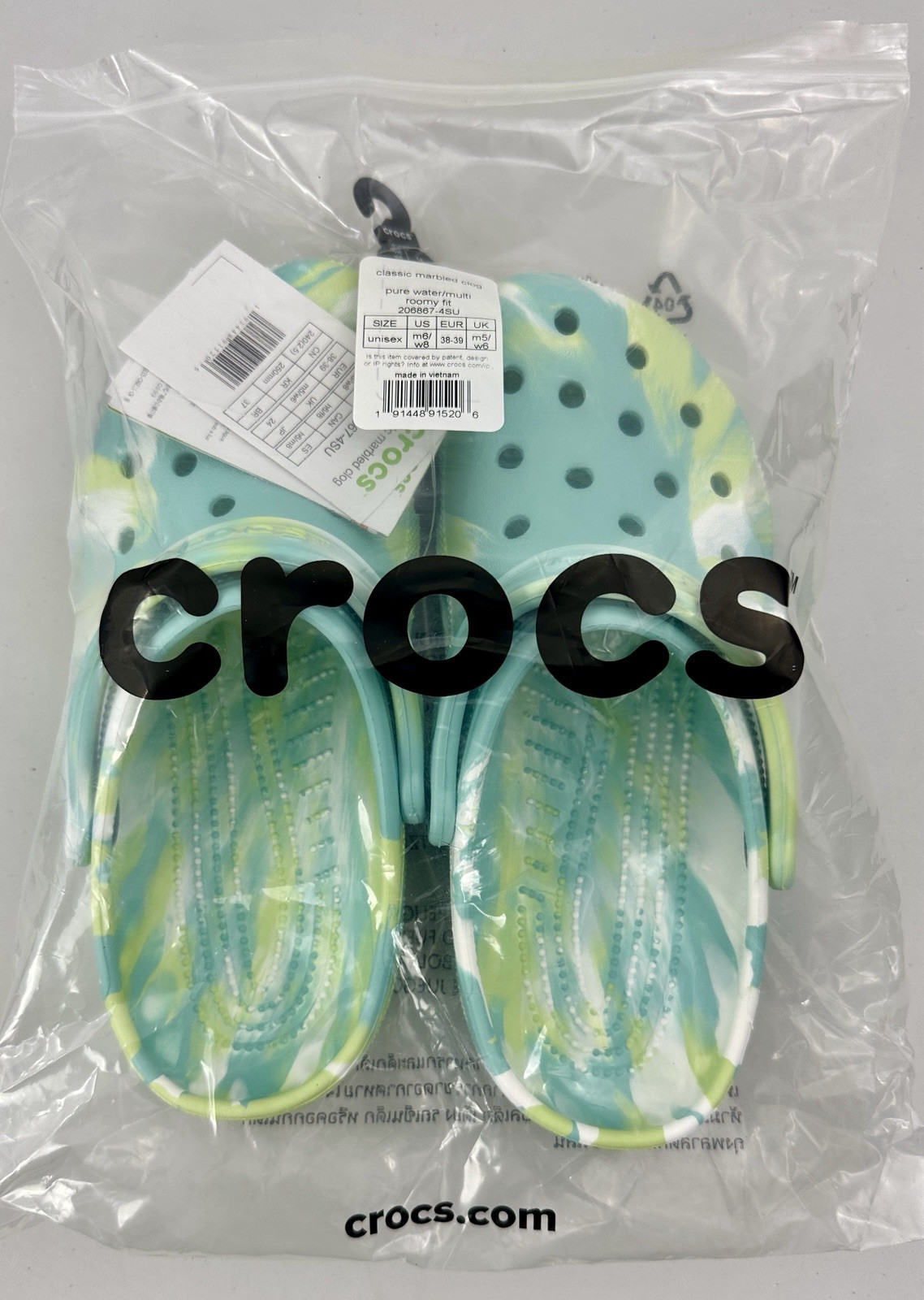 New Women's Size 8 Crocs Classic Marbled Clog Pure Water Roomy Fit 206867-4SU
