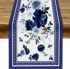 Navy Blue Flowers Linen Table Runner,Spring Floral Seasonal Dinner Table Decorat