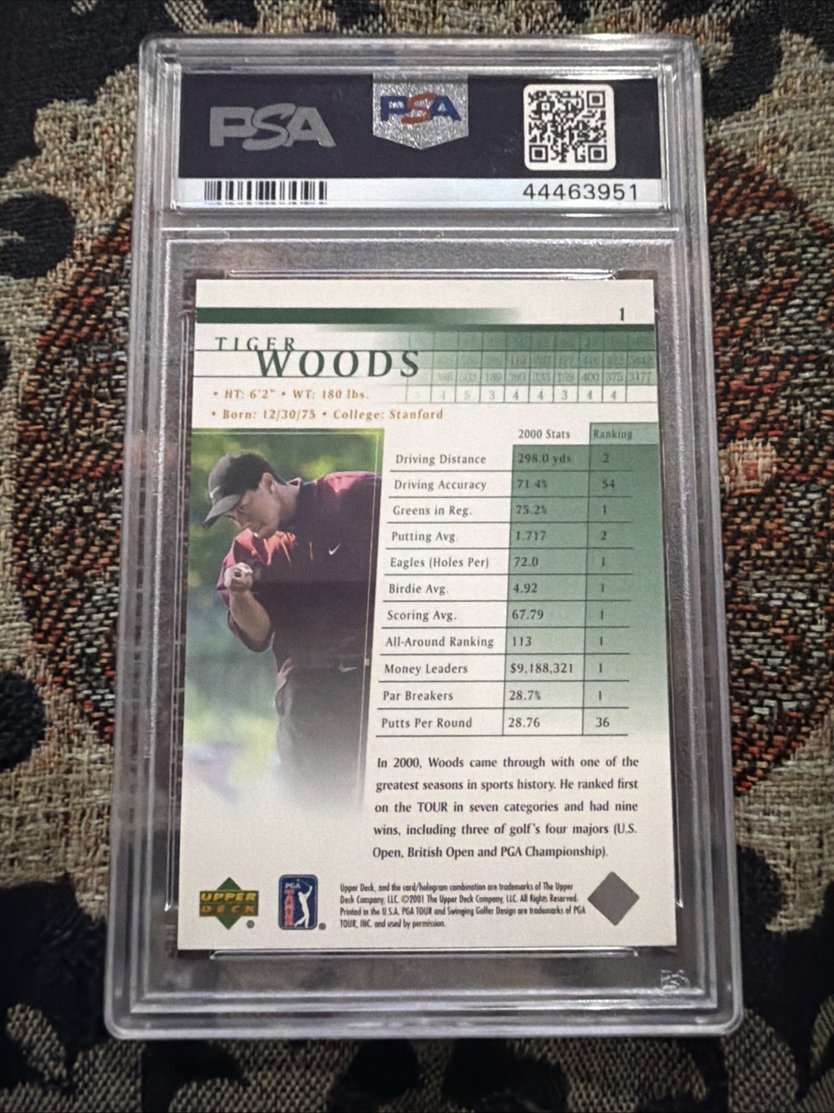 2001 Upper Deck - Tiger Woods #1 (RC) PSA 8 view 2