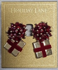 Holiday Lane Beaded Bow Christmas Present Red and Gold Drop Earrings J1-3131