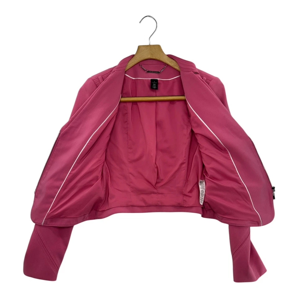 White House Black Market Pink Moto Jacket Faux Leather Trim Zipper Accent Size 6 - Image 2 of 4
