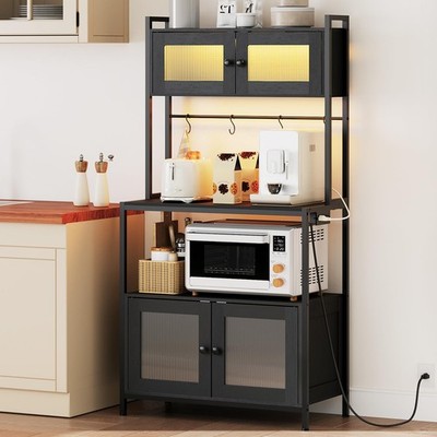 Bakers Rack with Storage Cabinet, 5-Tier Coffee Bar with Power Outlet and LED...