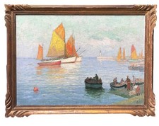 Fishing Boat Sea France Seascape Fisher, Original Antique Oil, Framed