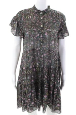 Isabel Marant Womens Cotton Floral Ruffle Neck Short Sleeve Dress Black Size 34