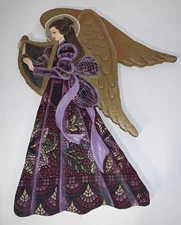 Hand Painted Wooden Angel Playing Harp Wall Hanging Plaque Folk Art Decor Signed
