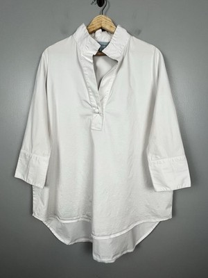 Tuckernuck white Willow cotton spandex poplin popover blouse, large.