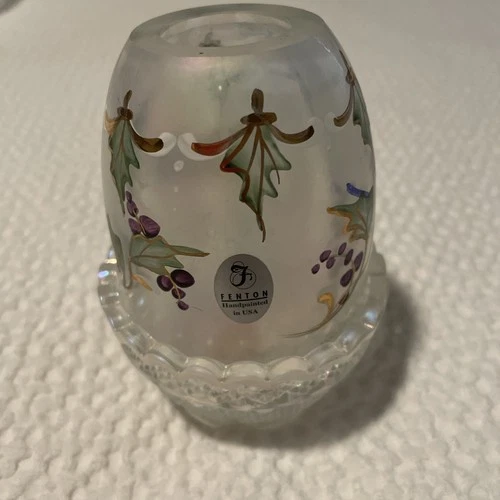 Fenton Frosted Iridescent Holly Fairy Lamp Signed S. Miller Marked #2402
