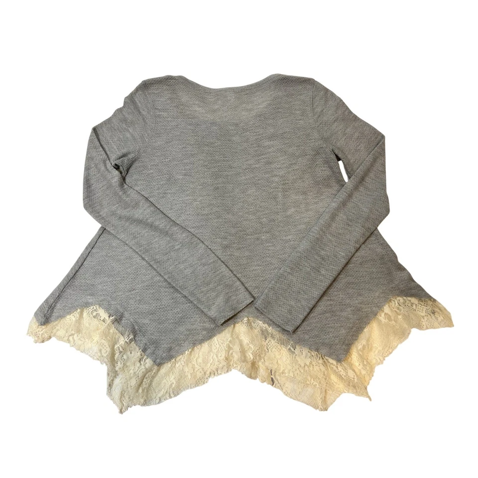 CAMISA MUJER M Gris Mangas Largas Blanco Encaje Ribete Dobladillo Asimétrico Hilaración Foto 2 de 4