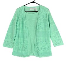 Alfred Dunner Womens Sweater Green Attached Open Front Knitted Cardigan Small