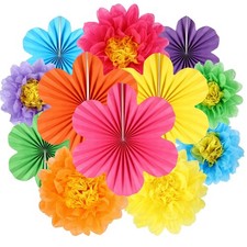 Tissue Paper Flower Fans Colorful Fiesta Decor Mexican Party 12PCS
